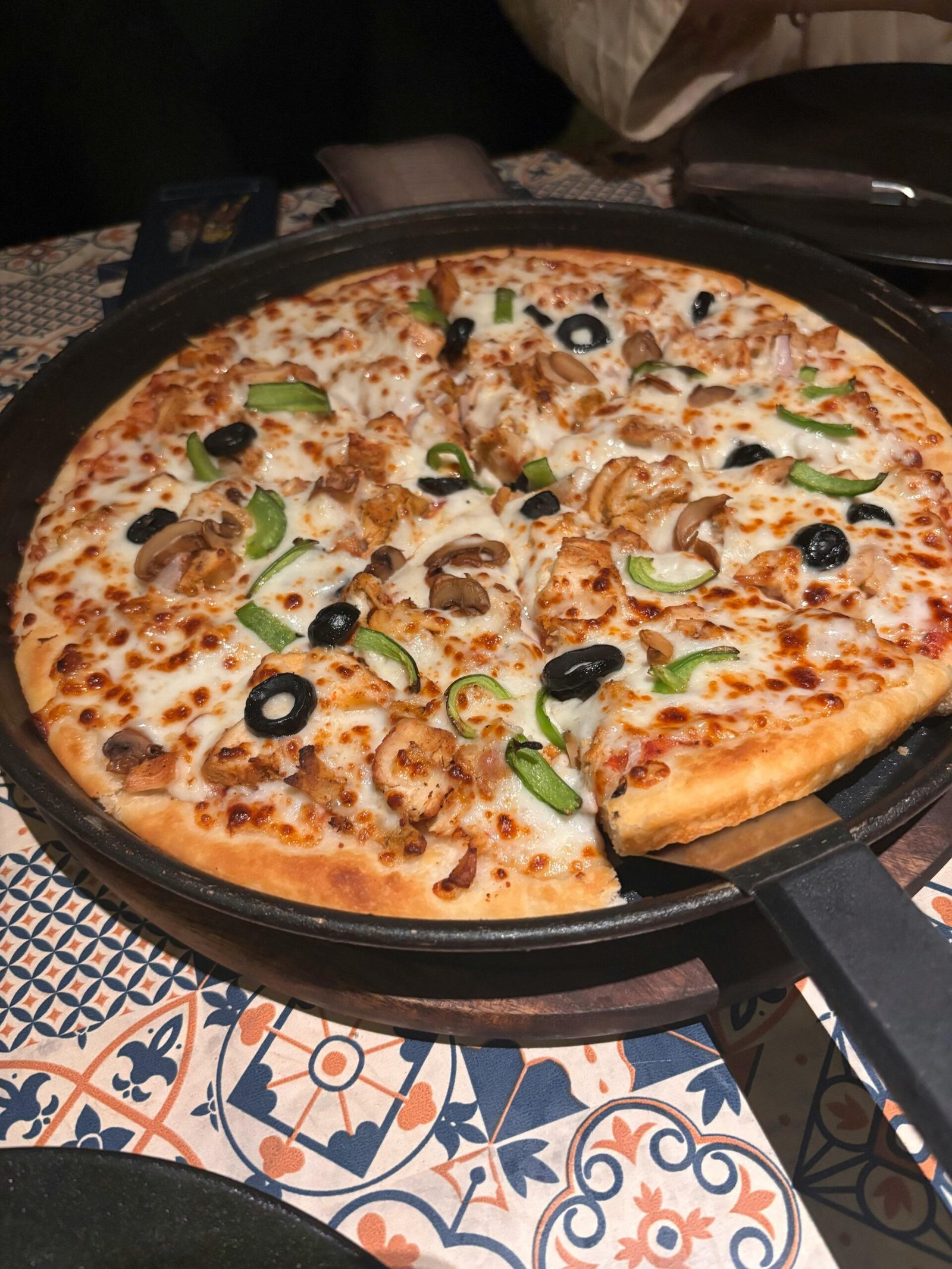 Appetizing pizza with olives, green peppers, and mushrooms, perfect for food enthusiasts.